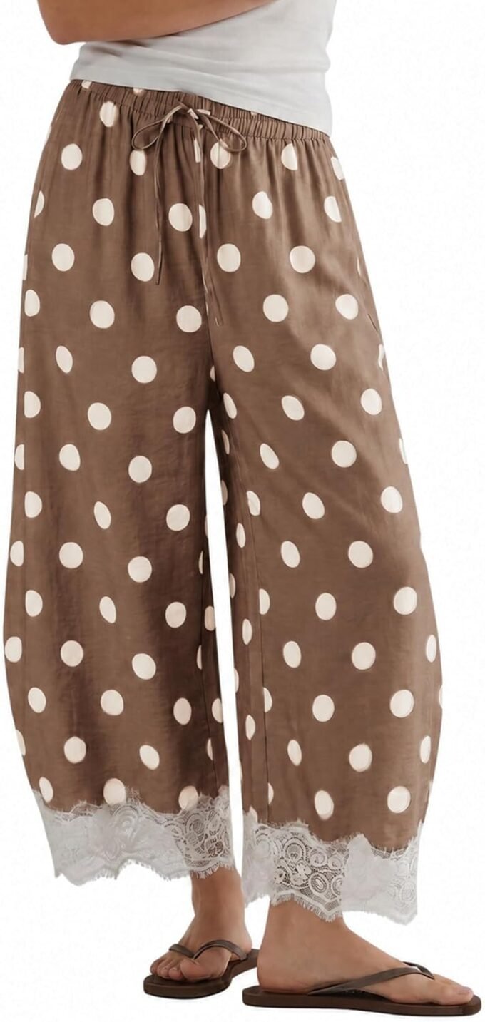 Women Polka‑Dot Wide‑Leg Palazzo Pants, High‑Waist Summer Cropped Baggy Trousers Decorated With Lace Trim And Side Pockets