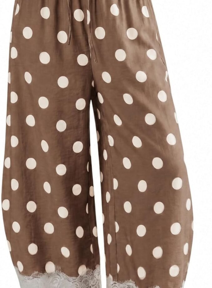 Women Polka‑Dot Wide‑Leg Palazzo Pants, High‑Waist Summer Cropped Baggy Trousers Decorated With Lace Trim And Side Pockets