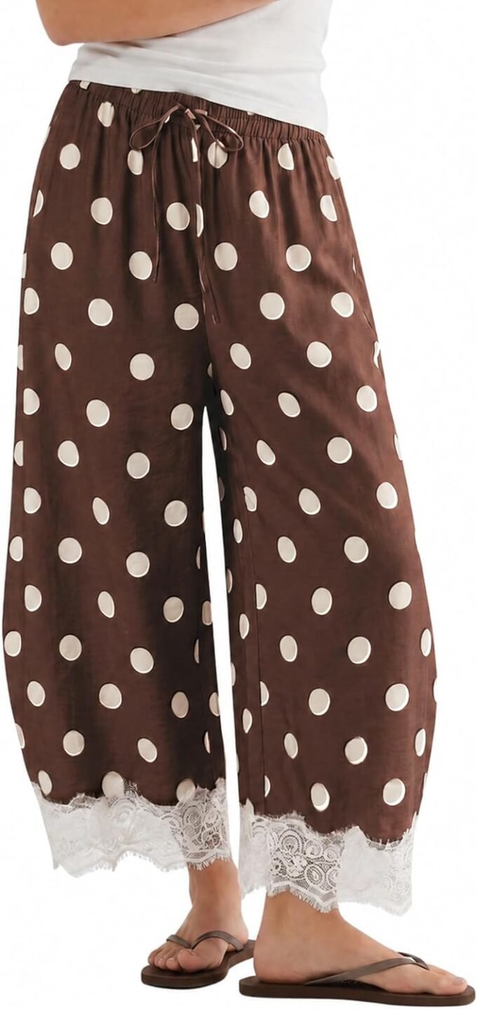 Women Polka‑Dot Wide‑Leg Palazzo Trousers, High‑Waist Summer Cropped Baggy Pants With Lace Trim And Pockets