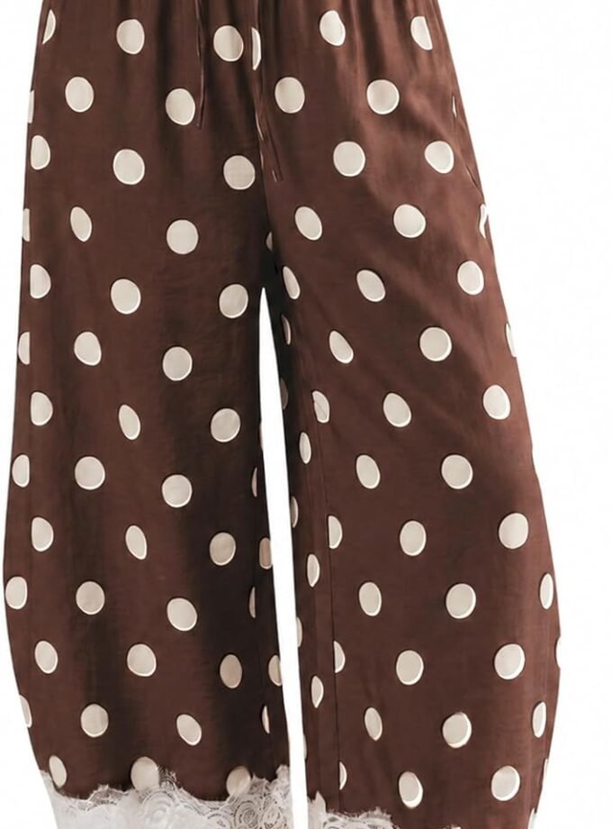 Women Polka‑Dot Wide‑Leg Palazzo Trousers, High‑Waist Summer Cropped Baggy Pants With Lace Trim And Pockets
