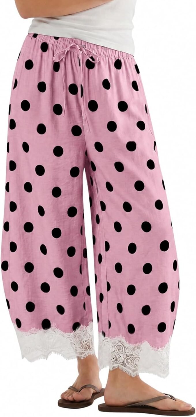 Women Polka‑Dot Wide‑Leg Palazzo‑Style Bottoms, High‑Waist Summer Cropped Baggy Trousers With Lace Trim Detail And Side Pockets