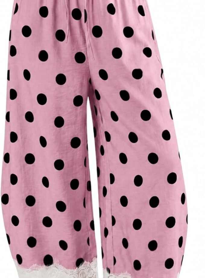 Women Polka‑Dot Wide‑Leg Palazzo‑Style Bottoms, High‑Waist Summer Cropped Baggy Trousers With Lace Trim Detail And Side Pockets
