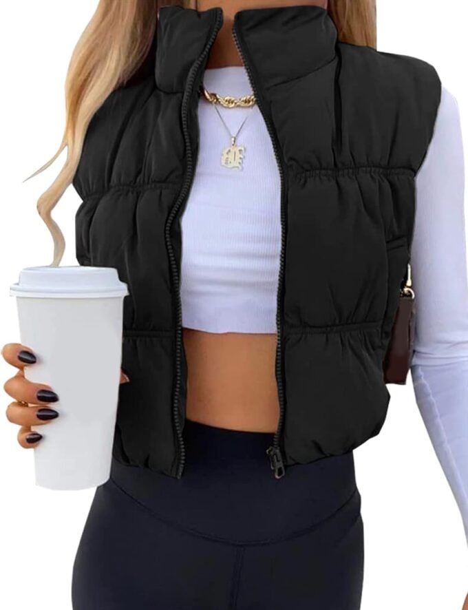 Women Cropped Zip‑Up Puffer Gilet, Stand‑Collar Light‑Weight Sleeveless Padded Vest With Side Pockets