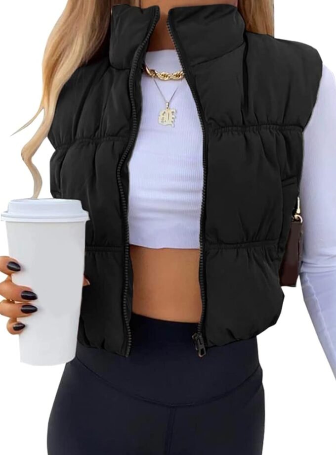 Women Cropped Zip‑Up Puffer Gilet, Stand‑Collar Light‑Weight Sleeveless Padded Vest With Side Pockets
