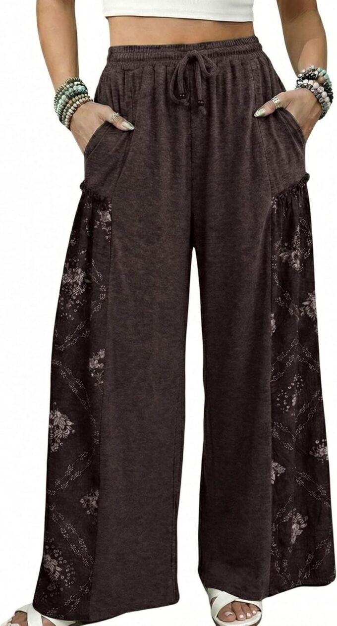 Women High‑Waist Wide‑Leg Palazzo Trousers, Printed Baggy Lounge Bottoms With Usable Side Pockets