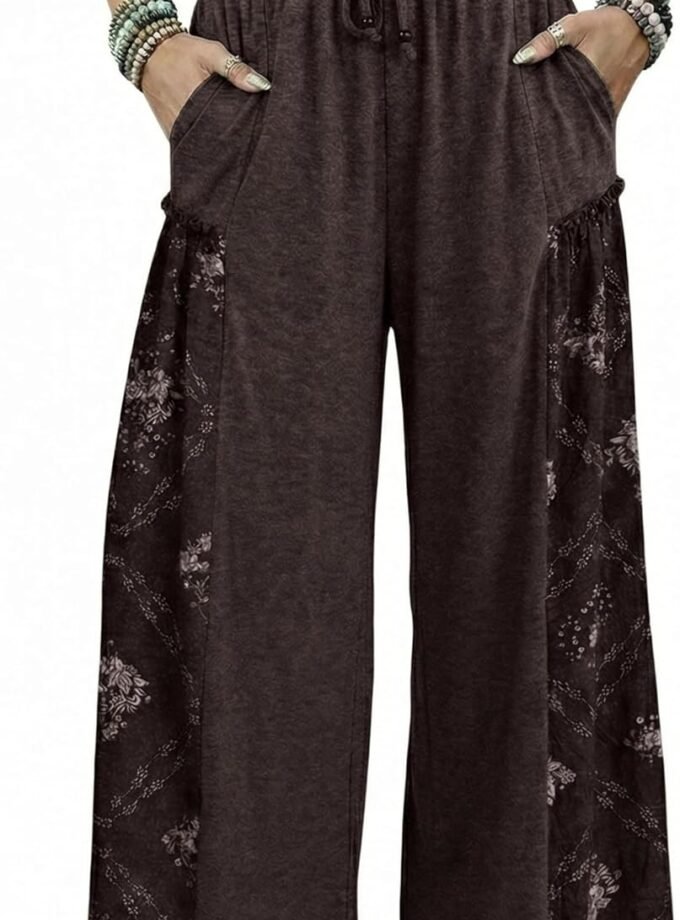 Women High‑Waist Wide‑Leg Palazzo Trousers, Printed Baggy Lounge Bottoms With Usable Side Pockets
