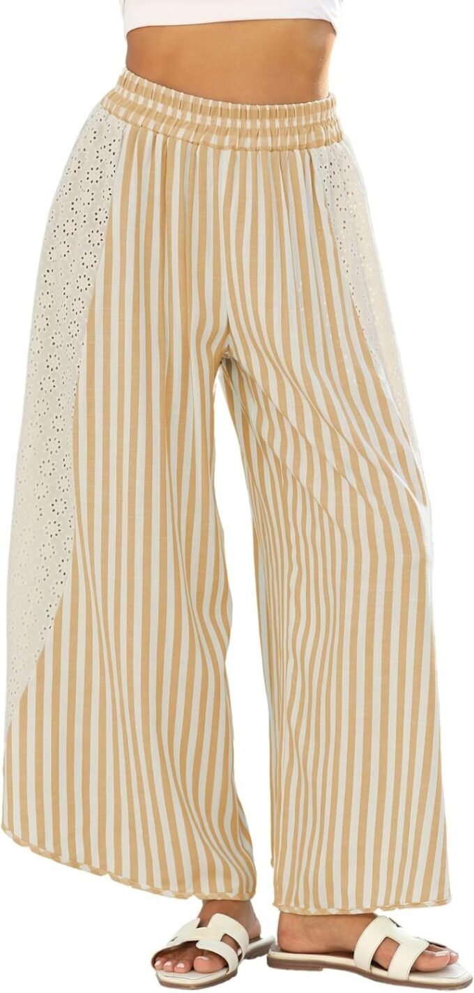 Women Summer Loose‑Fit Striped Wide‑Leg Loungewear Trousers, Elastic Waist Palazzo‑Cut Casual Bottoms