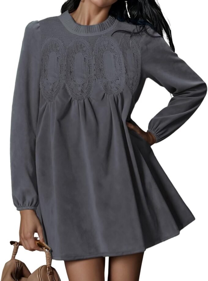 Women 2026 Fall Long‑Sleeve Mini Dress, Faux‑Suede Lace‑Patchwork Babydoll‑Style A‑Line Swing Dress With Side Pockets