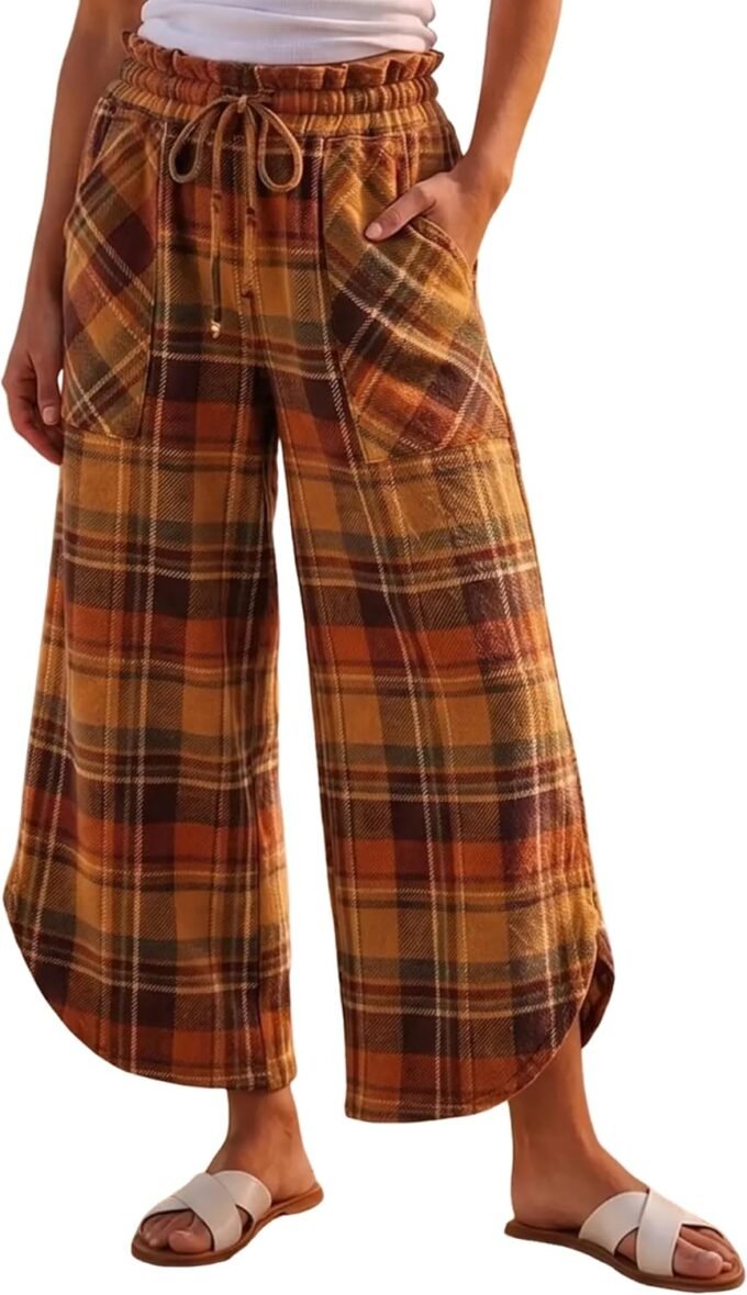 Women High‑Waist Wide‑Leg Cropped Plaid Pants With Side Pockets; Relaxed Silhouette, Soft Cotton‑Blend Fabric, Lightweight Breathable, Suitable For Daily Commute, Office Scenarios And Cozy Holiday Looks