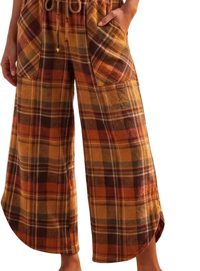 Women High‑Waist Wide‑Leg Cropped Plaid Pants With Side Pockets; Relaxed Silhouette, Soft Cotton‑Blend Fabric, Lightweight Breathable, Suitable For Daily Commute, Office Scenarios And Cozy Holiday Looks