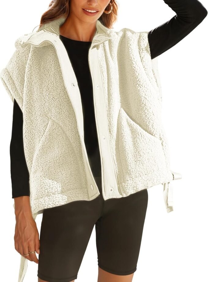 Women Casual Sleeveless Fleece Vest, Button‑Front Sherpa Outer Layer With Functional Side Pockets
