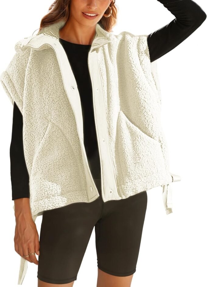 Women Casual Sleeveless Fleece Vest, Button‑Front Sherpa Outer Layer With Functional Side Pockets