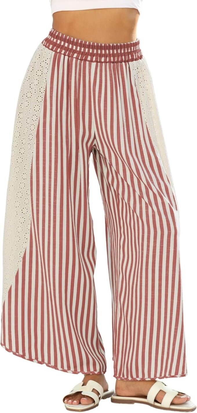 Women Summer Loose‑Fit Striped Wide‑Leg Loungewear, Elastic Waist Palazzo‑Cut Casual Trousers