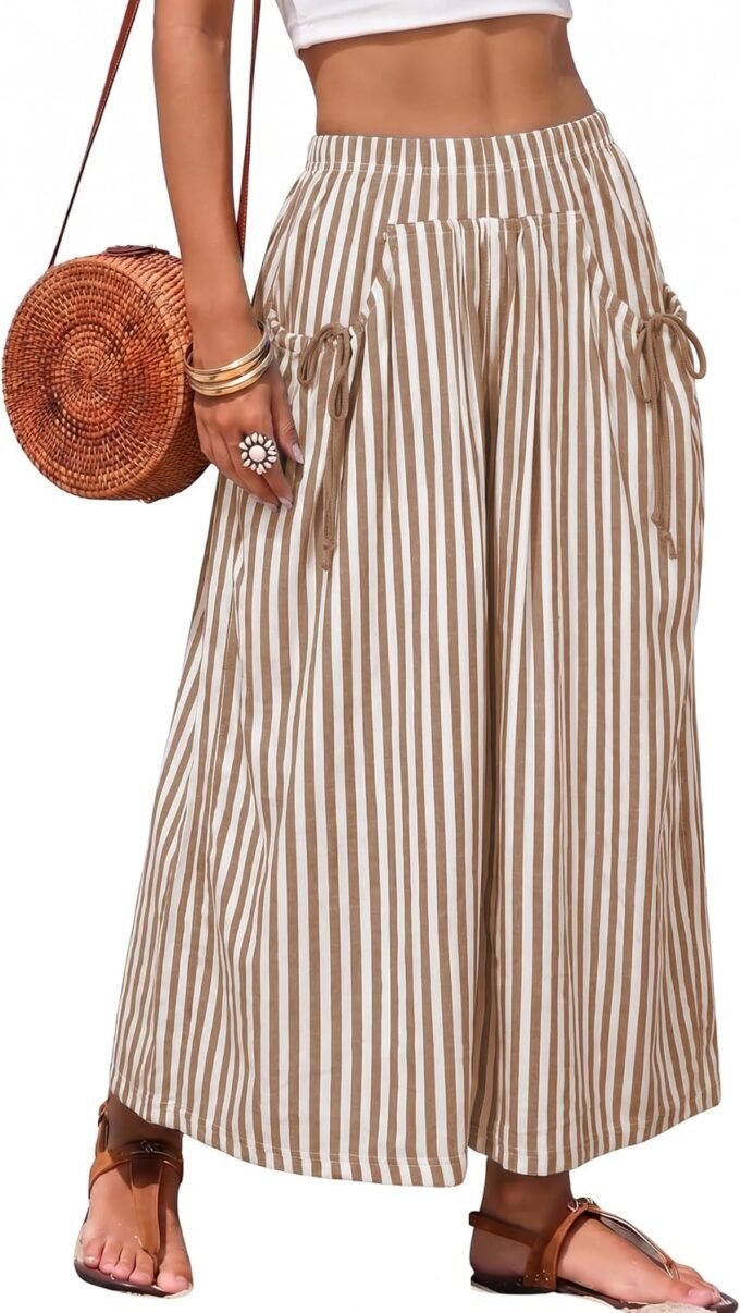 Women Striped Wide‑Leg Palazzo Trousers, Baggy Elastic‑Waist Loungewear Bottoms For Beach Holiday Styling
