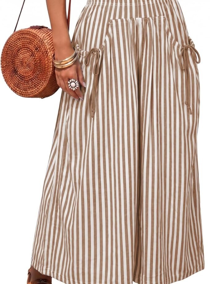 Women Striped Wide‑Leg Palazzo Trousers, Baggy Elastic‑Waist Loungewear Bottoms For Beach Holiday Styling