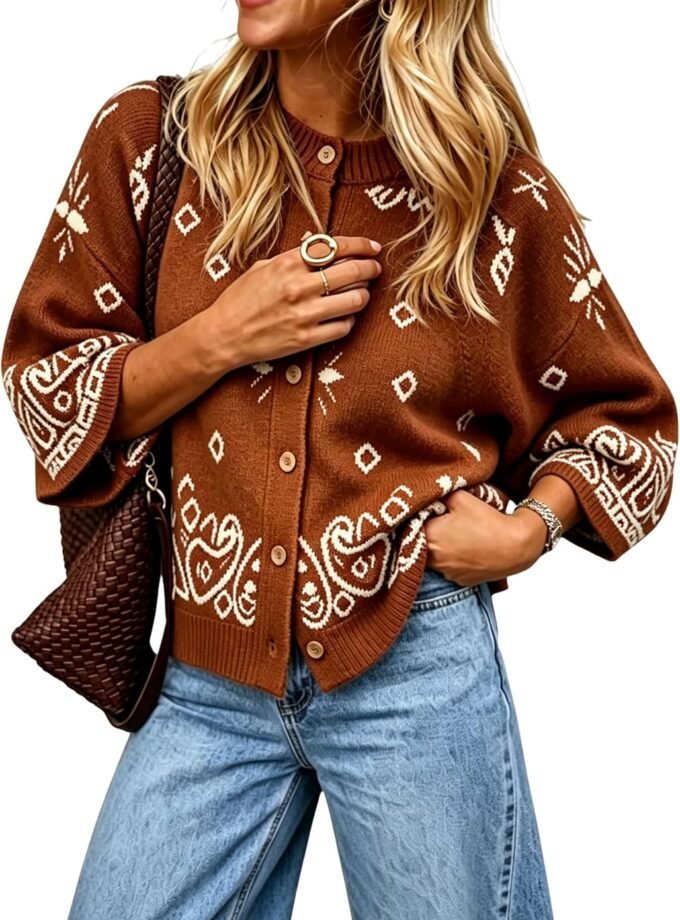 Women Bohemian Geometric‑Pattern Knit Cardigan, Long‑Sleeve Button‑Front Sweater; Soft Fabric Construction For Daily Casual Outfits