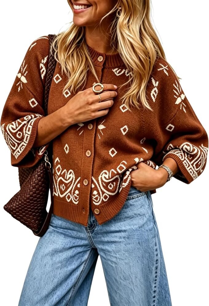 Women Bohemian Geometric‑Pattern Knit Cardigan, Long‑Sleeve Button‑Front Sweater; Soft Fabric Construction For Daily Casual Outfits