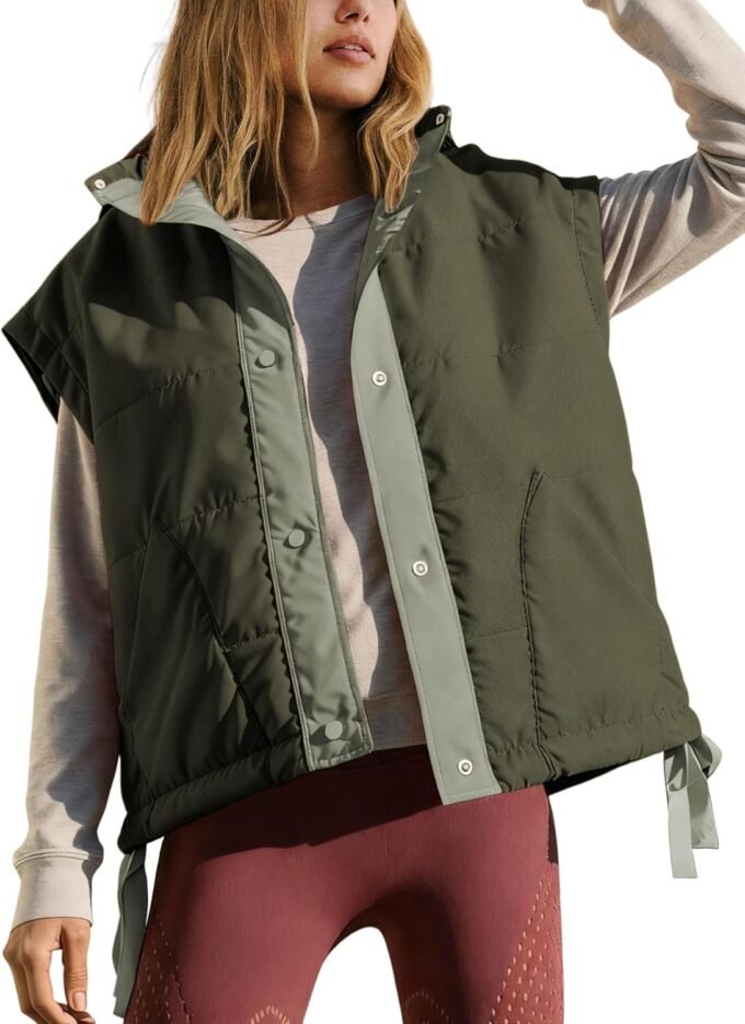 Women Sleeveless Stand‑Collar Puffer Gilet Jacket, Color‑Block Button‑Front Padded Outer Vest Equipped With Side Pockets