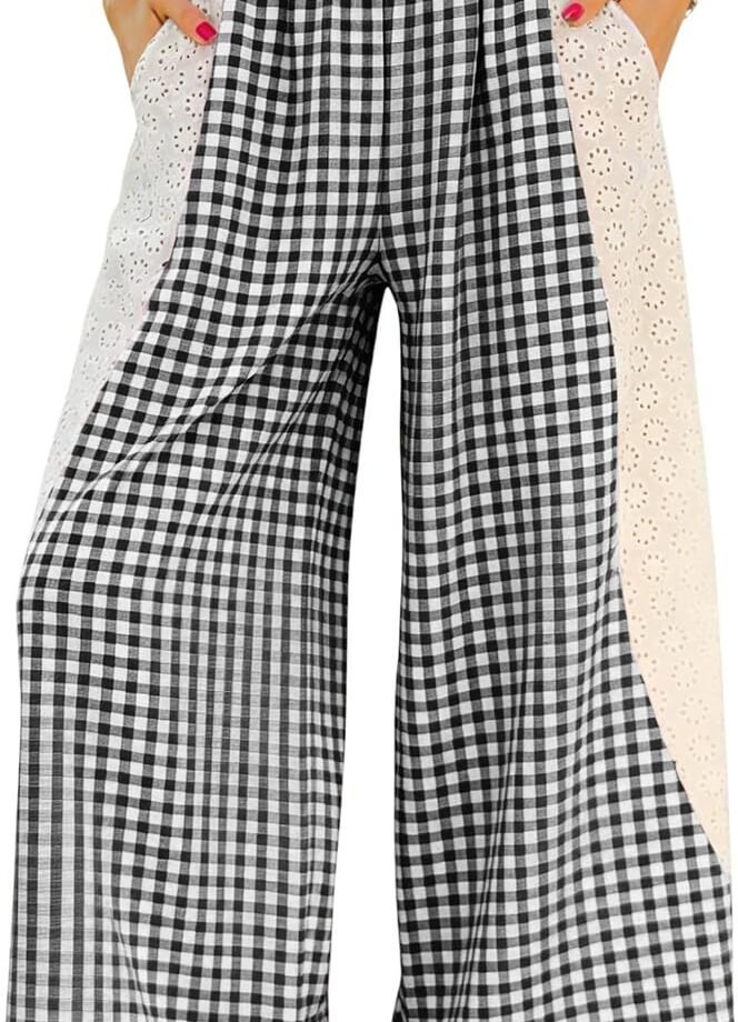 Women Summer Striped Gingham Wide‑Leg Loungewear Pants, Elastic Waist Beach Palazzo Trousers Equipped With Side Pockets