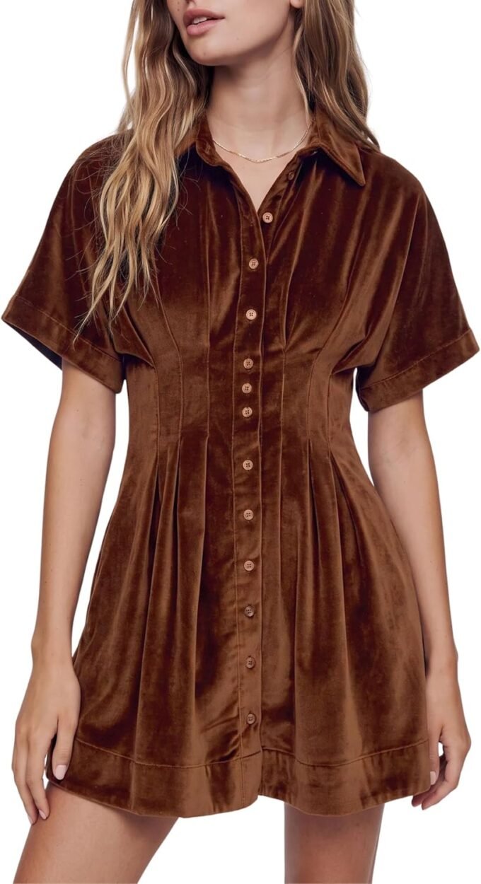 Women Short‑Sleeve Velvet Shirt‑Style Mini Dress, Button‑Front Design With Pleated Waist Detail And Side Pockets