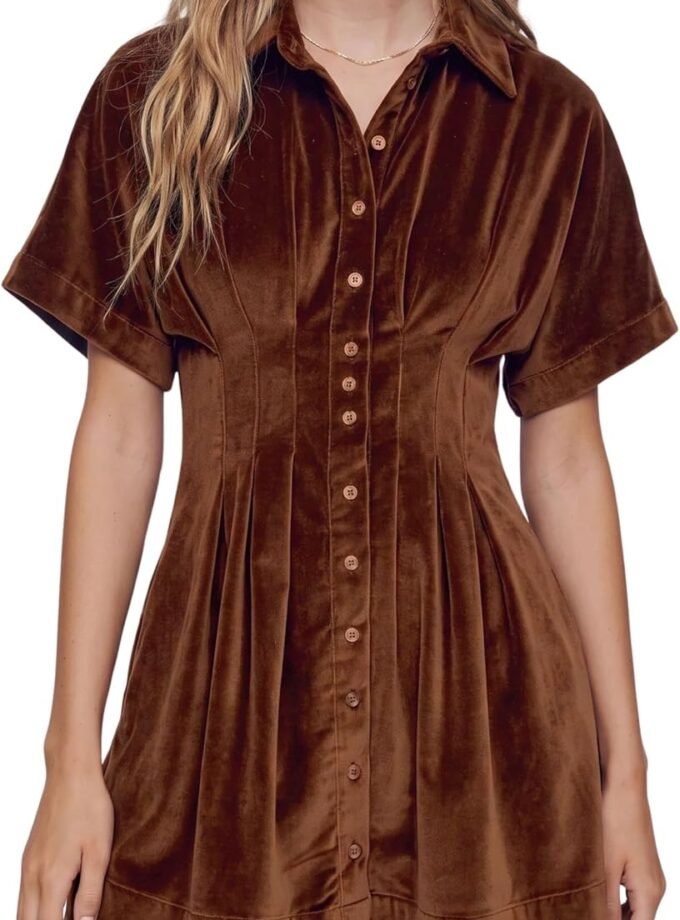Women Short‑Sleeve Velvet Shirt‑Style Mini Dress, Button‑Front Design With Pleated Waist Detail And Side Pockets
