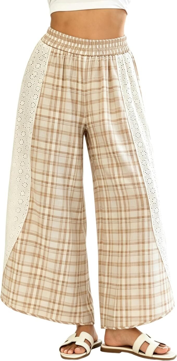 Women Plaid Wide‑Leg Casual Pants, Elastic‑Waist Trousers With Eyelet Lace Side‑Panel Decoration For Comfortable Daily Wear