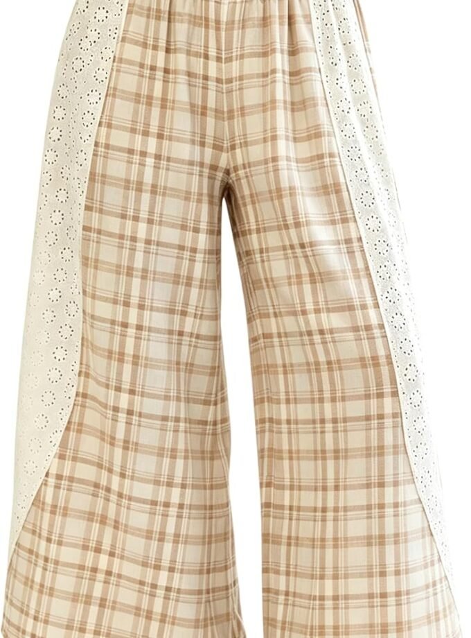 Women Plaid Wide‑Leg Casual Pants, Elastic‑Waist Trousers With Eyelet Lace Side‑Panel Decoration For Comfortable Daily Wear