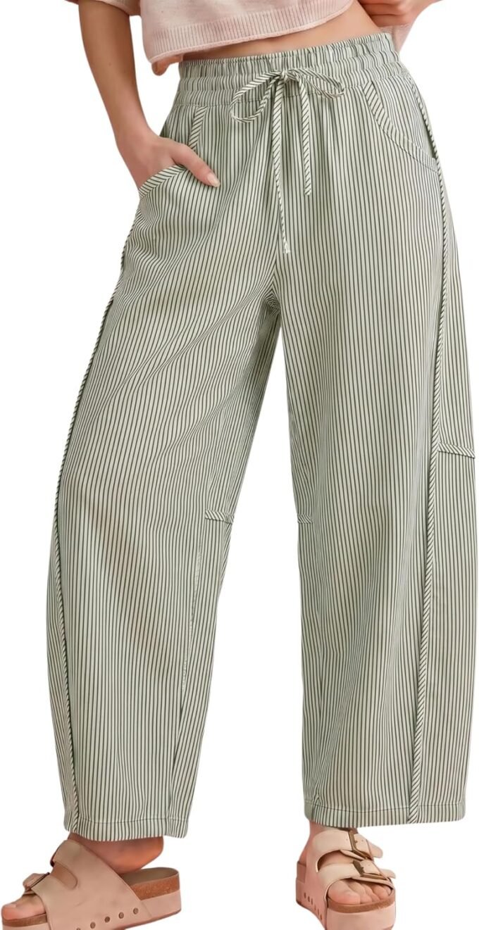 Women Striped Barrel‑Cut Denim Pants, Casual Elastic Drawstring Wide‑Leg Baggy Jeans With Side Pockets
