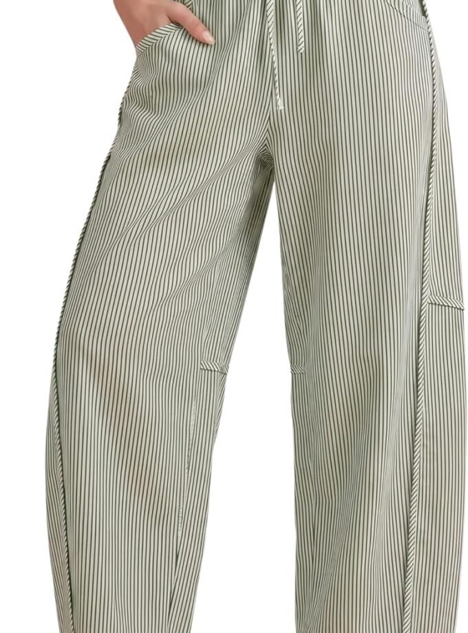 Women Striped Barrel‑Cut Denim Pants, Casual Elastic Drawstring Wide‑Leg Baggy Jeans With Side Pockets