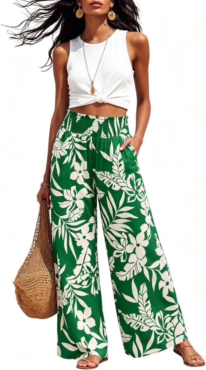 Women Summer Wide‑Leg Palazzo Pants, Bohemian Flowy Floral Lounge Trousers Suited For Beach Vacation Wear