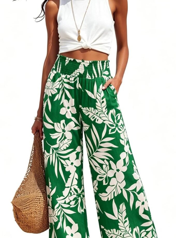 Women Summer Wide‑Leg Palazzo Pants, Bohemian Flowy Floral Lounge Trousers Suited For Beach Vacation Wear