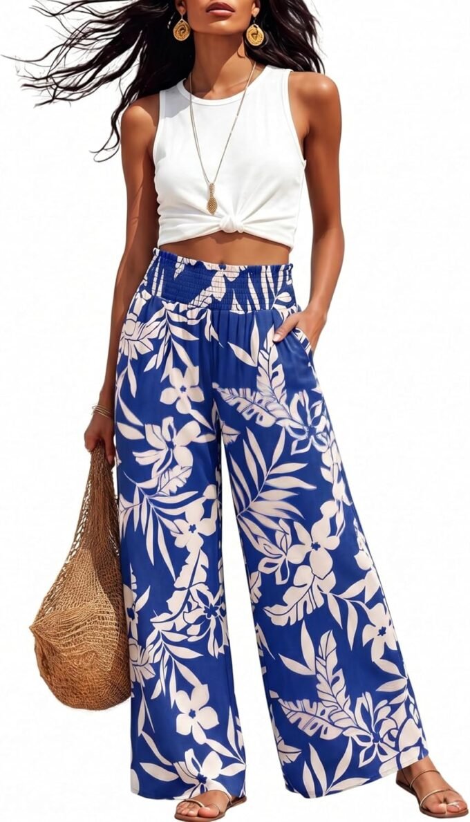 Women Summer Wide‑Leg Palazzo Bottoms, Bohemian Flowery Soft Lounge Trousers Designed For Beach Holiday Outfits