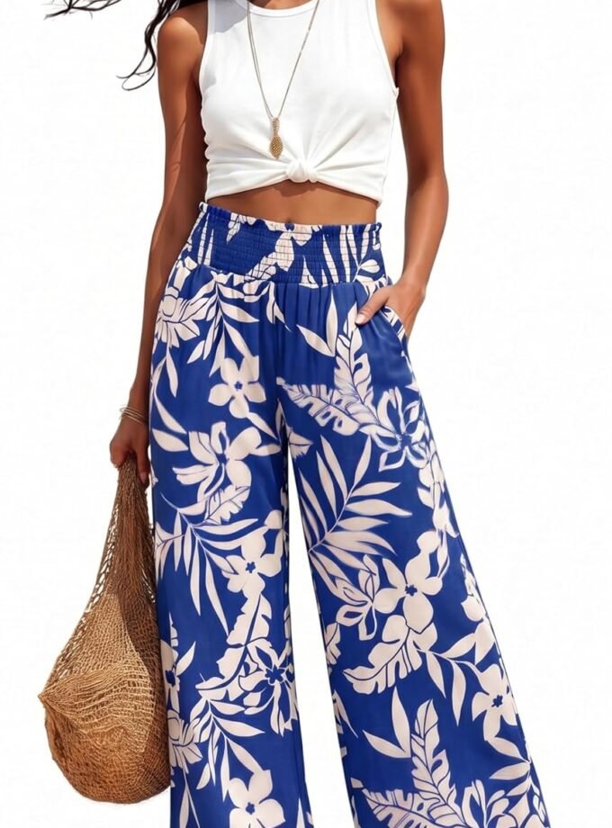 Women Summer Wide‑Leg Palazzo Bottoms, Bohemian Flowery Soft Lounge Trousers Designed For Beach Holiday Outfits