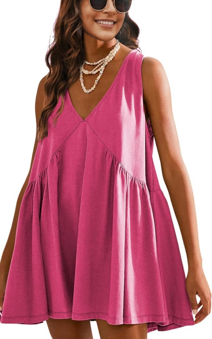 Women Summer Sleeveless Mini Sundress, Relaxed V‑Neck Casual Dress Outfit With Convenient Side Pockets