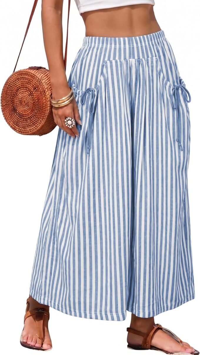 Women Striped Wide‑Leg Palazzo Pants, Baggy Elastic‑Waist Lounge Trousers For Beach Vacation Matching