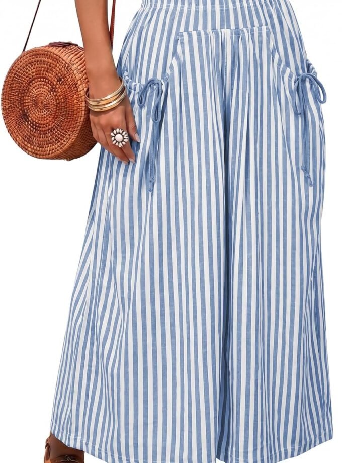 Women Striped Wide‑Leg Palazzo Pants, Baggy Elastic‑Waist Lounge Trousers For Beach Vacation Matching