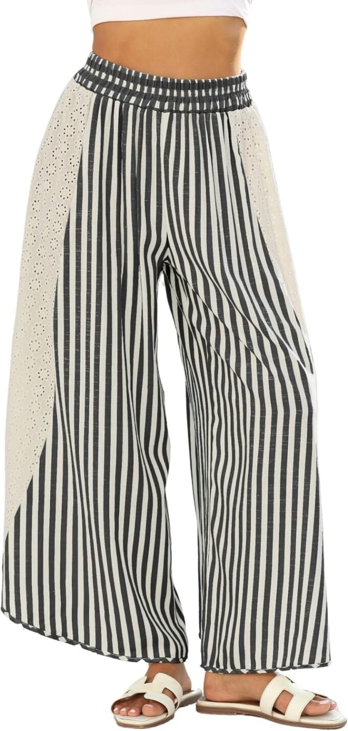 Women Summer Loose Striped Wide‑Leg Lounge Trousers, Elastic‑Waist Palazzo‑Cut Casual Pants