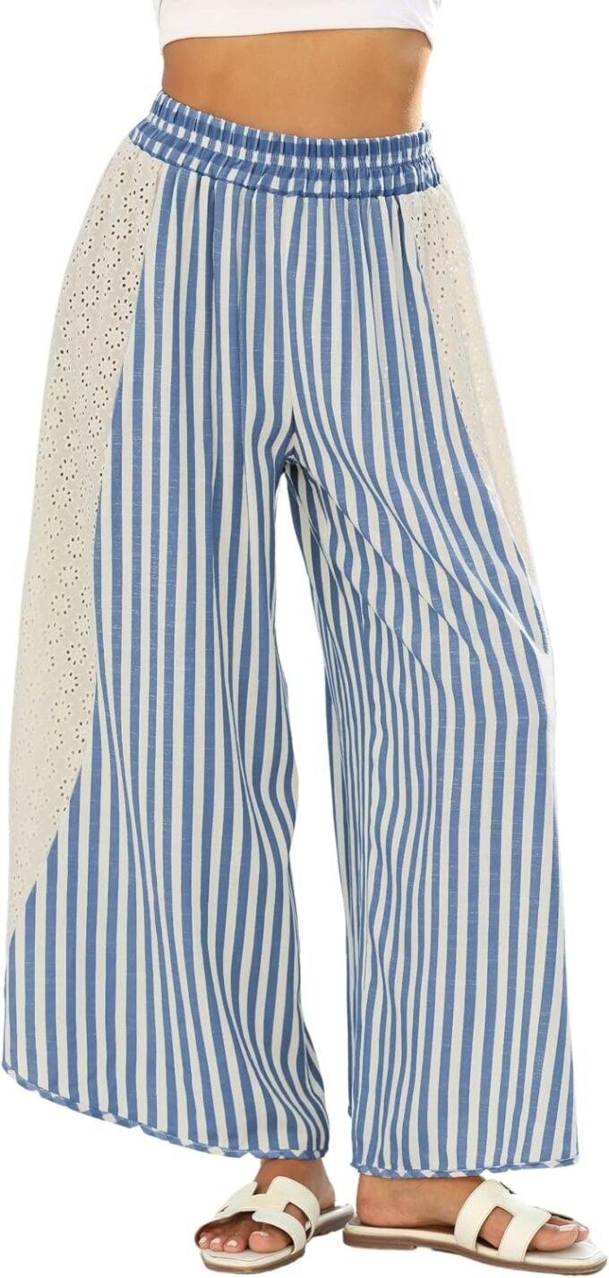 Women Summer Loose Striped Wide‑Leg Lounge Pants, Elastic‑Waist Palazzo‑Style Casual Trousers