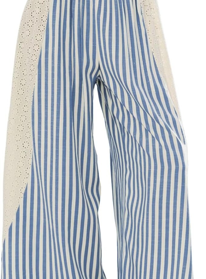 Women Summer Loose Striped Wide‑Leg Lounge Pants, Elastic‑Waist Palazzo‑Style Casual Trousers