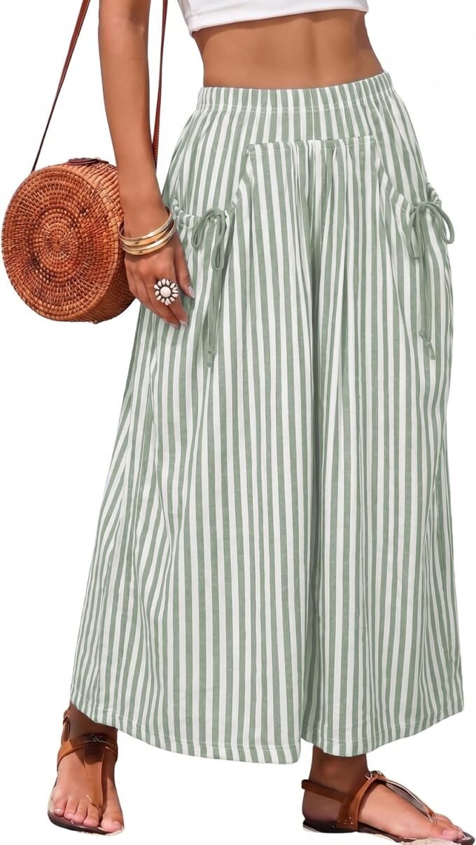 Women Striped Wide‑Leg Palazzo Pants, Baggy Elastic‑Waist Lounge Trousers Made For Beach Vacation Outfits