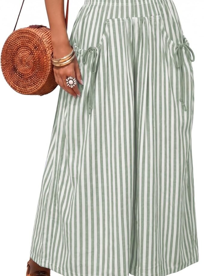 Women Striped Wide‑Leg Palazzo Pants, Baggy Elastic‑Waist Lounge Trousers Made For Beach Vacation Outfits