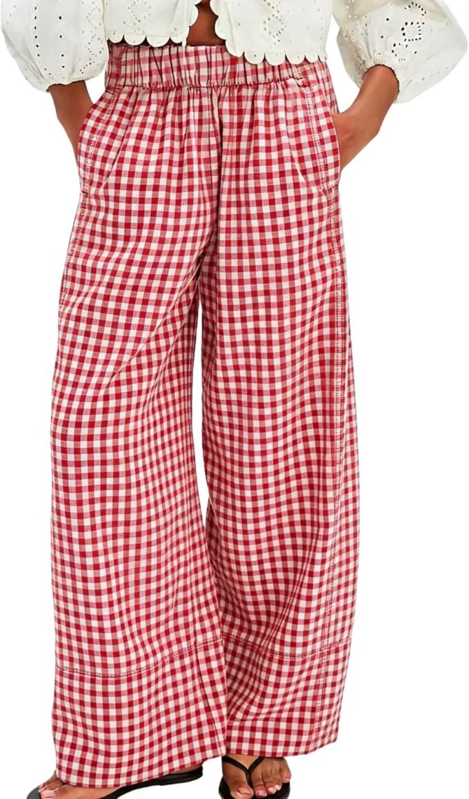 Women Summer Gingham Plaid Palazzo‑Style Trousers, Loose Wide‑Leg Lounge Pants For Beach Vacation Outfit Combinations