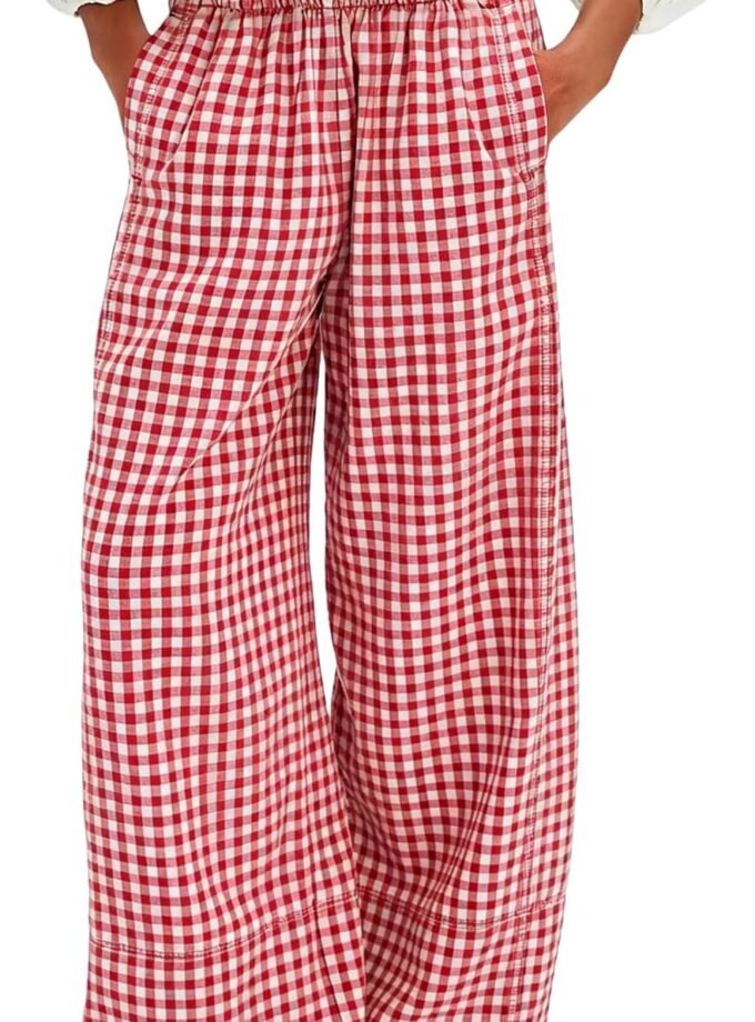 Women Summer Gingham Plaid Wide‑Leg Palazzo Trousers, Loose Casual Lounge Bottoms for Beach Holiday Occasions