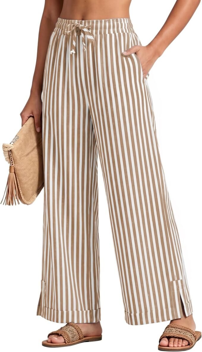 Women Striped Wide‑Leg Palazzo Trousers, Summer Elastic‑Waist Casual Beach Loungewear Pants Built With Pockets