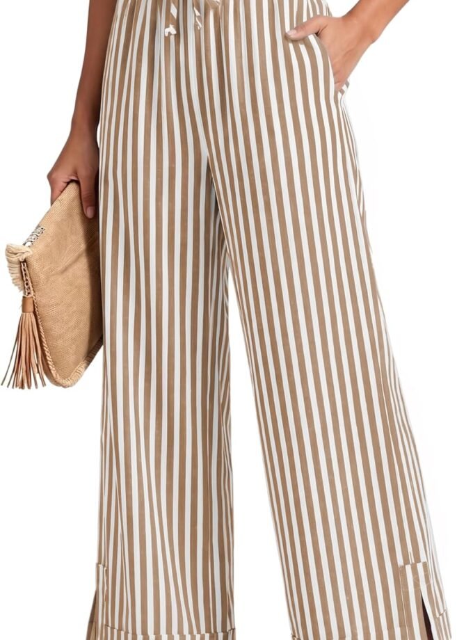 Women Striped Wide‑Leg Palazzo Bottoms, Summer Elastic‑Waist Casual Beach Loungewear Pants With Pockets