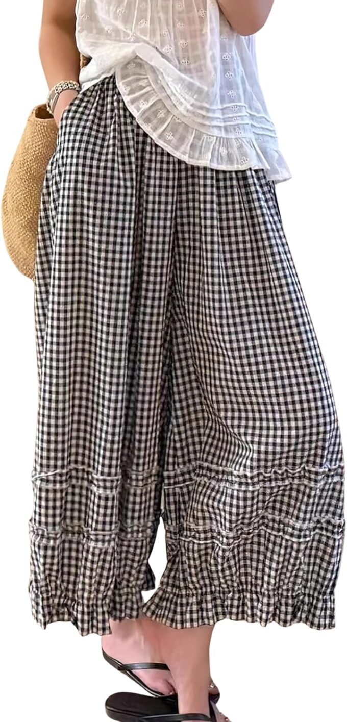 Women Ruffle‑Trim Gingham Wide‑Leg Pants, Bohemian Summer Baggy Plaid Culotte Palazzo Trousers With Elastic Waist And Pockets