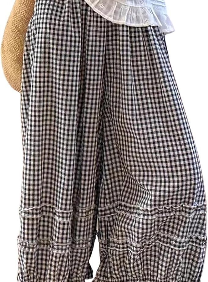 Women Ruffle‑Trim Gingham Wide‑Leg Pants, Bohemian Summer Baggy Plaid Culotte Palazzo Trousers With Elastic Waist And Pockets