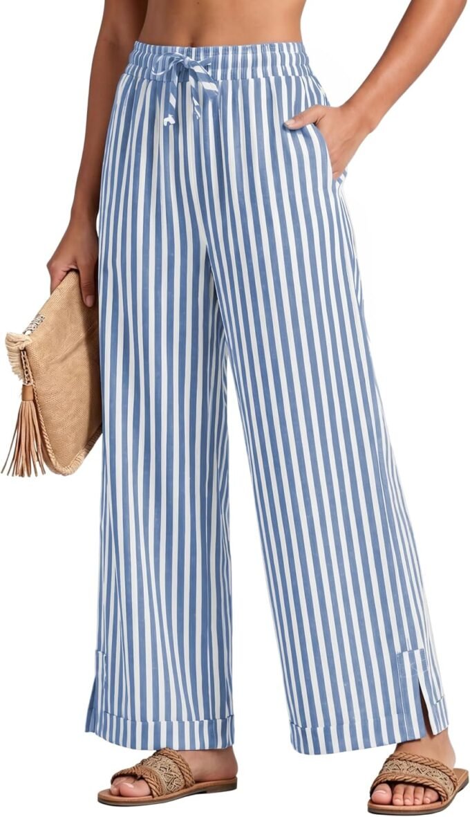 Women Striped Wide‑Leg Palazzo‑Cut Trousers, Summer Elastic‑Waist Casual Beach Lounge Pants Equipped With Pockets