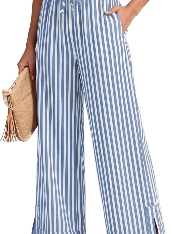 Women Striped Wide‑Leg Palazzo‑Cut Trousers, Summer Elastic‑Waist Casual Beach Lounge Pants Equipped With Pockets